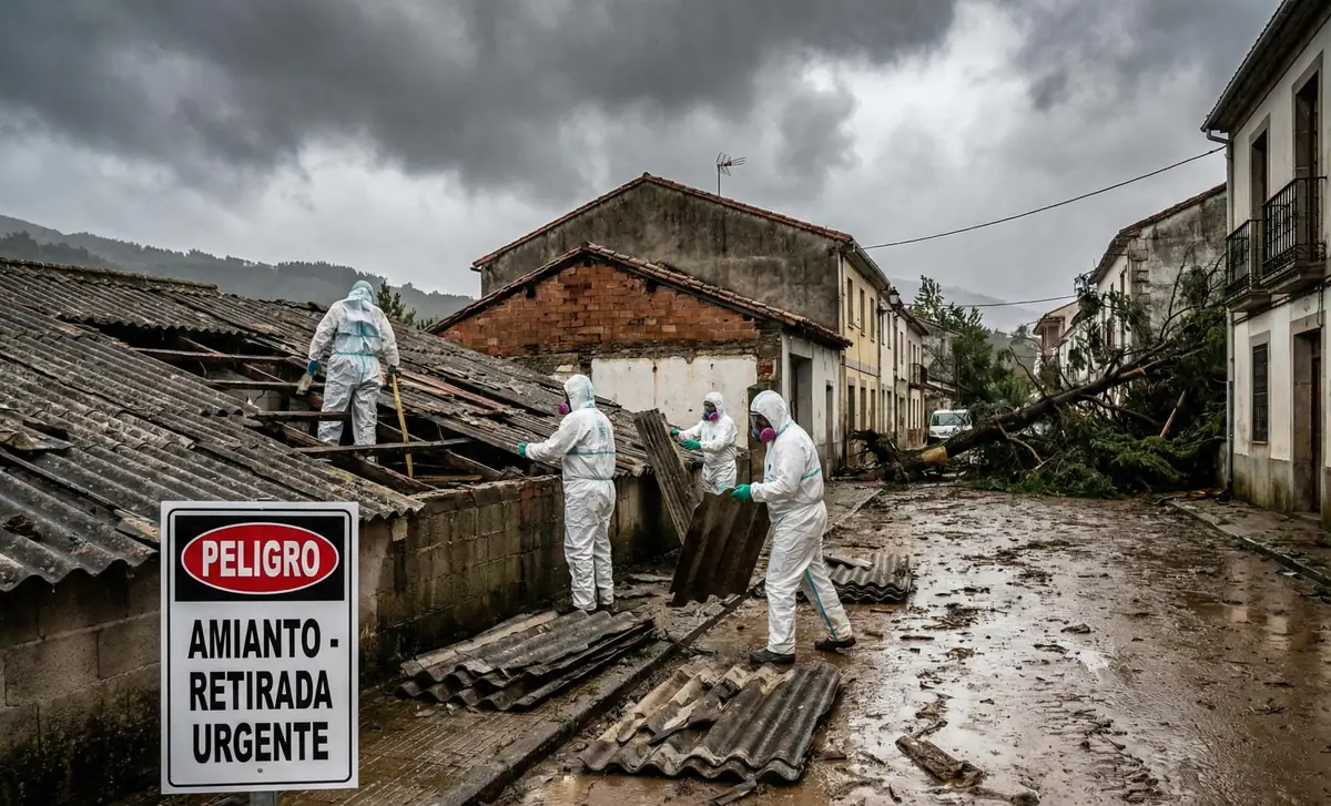 Técnicos de AST Amianto con EPIs trabajando en la retirada urgente de amianto tras una dura tormenta en un pueblo de España