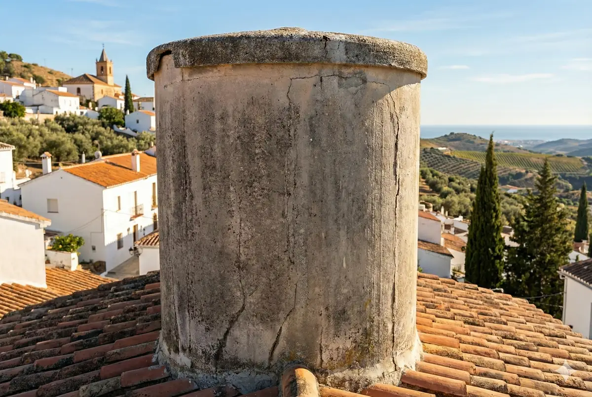 Depósito de agua de uralita contaminado con amianto en primer plano, sobre el tejado de la casa de un pueblo