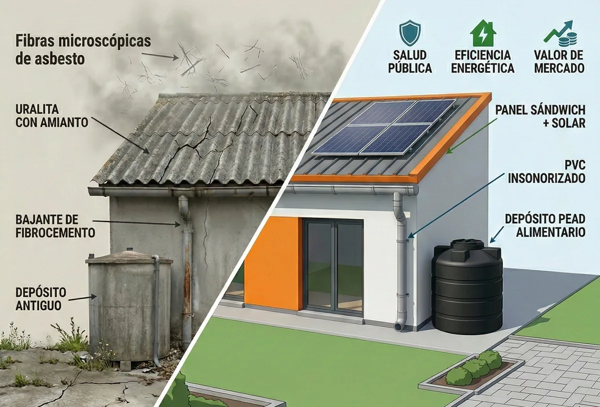 Comparativa visual entre materiales antiguos, como eran las cubiertas de uralita y bajantes de fibrocemento, y los sustitutos modernos, como son ahora el panel sándwich, tuberías de PVC y depósitos PEAD en forma de alternativas al amianto