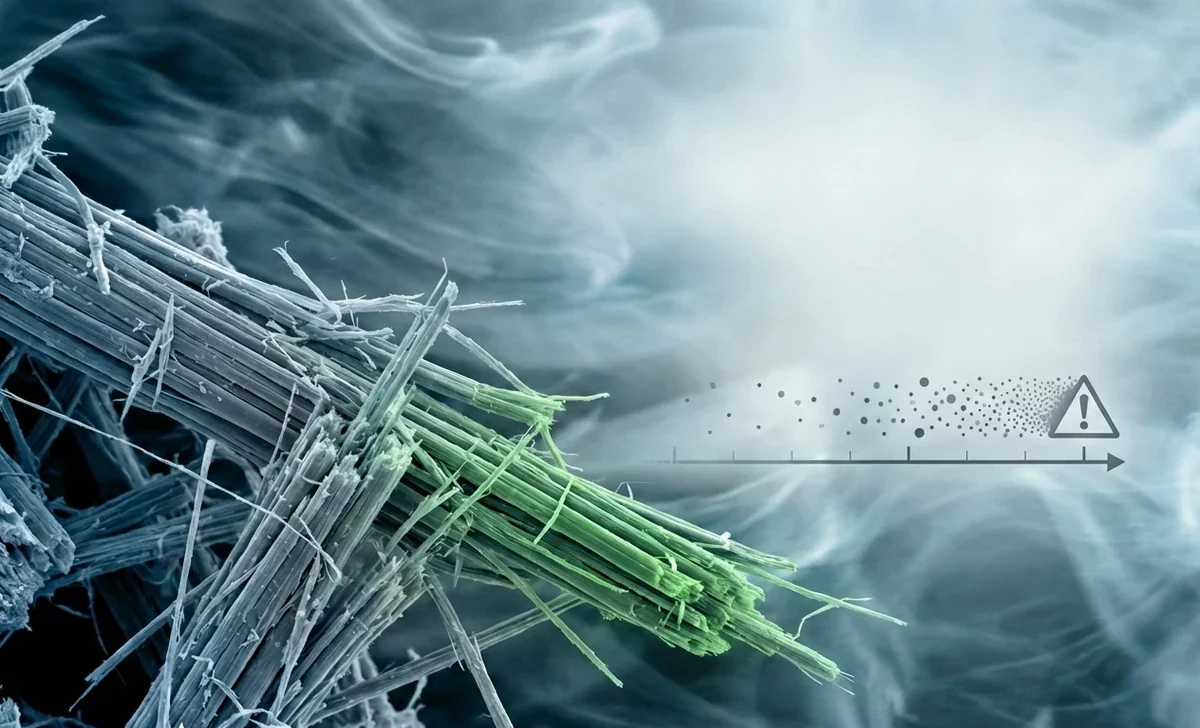 Microfotografía de fibras de amianto en suspensión aérea tras manipulación mecánica con el objetivo de responder visualmente a la pregunta cuanto dura el amianto en el aire