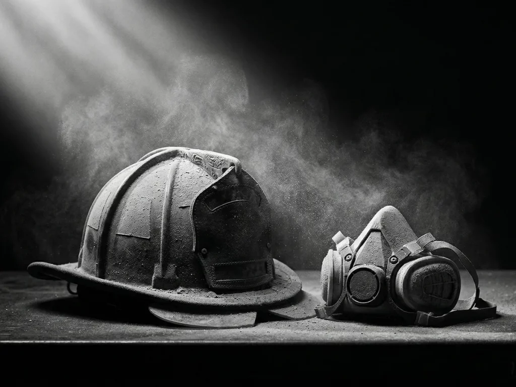 Un casco de rescatista y una mascarilla de protección cubiertos de polvo fino, iluminados por un haz de luz suave que resalta las fibras de fibrocemento en suspensión y simboliza emotivamene la prevención de riesgos por exposición al amianto y la memoria a las víctimas del 11S en las Torres Gemelas