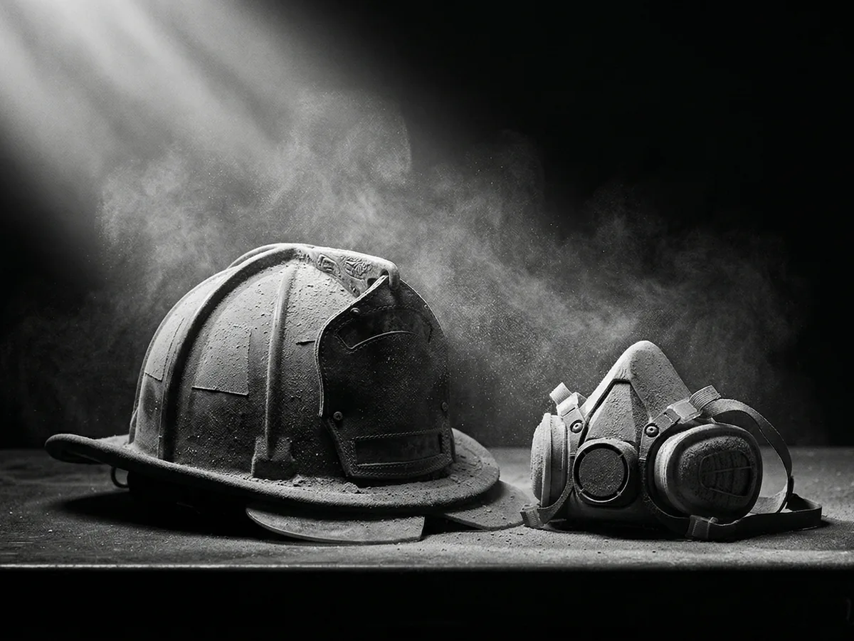 Un casco de rescatista y una mascarilla de protección cubiertos de polvo fino, iluminados por un haz de luz suave que resalta las fibras de fibrocemento en suspensión y simboliza emotivamene la prevención de riesgos por exposición al amianto y la memoria a las víctimas del 11S en las Torres Gemelas