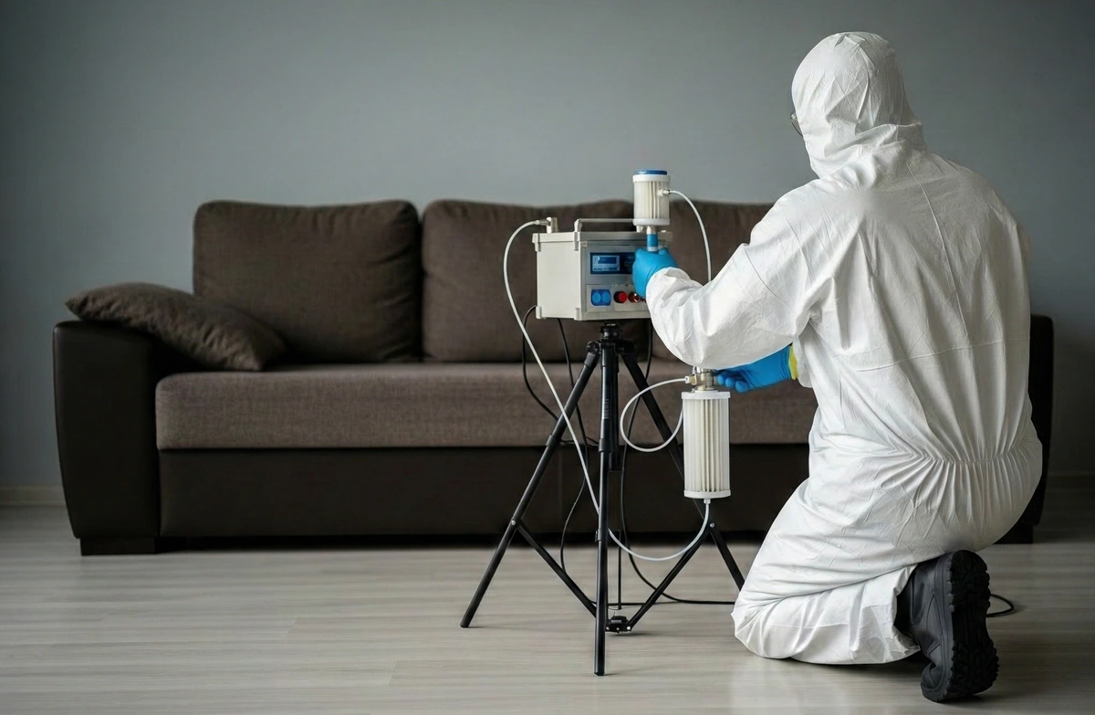 Técnico de AST Amianto configurando un equipo de muestreo de aire con filtros específicos en un entorno doméstico