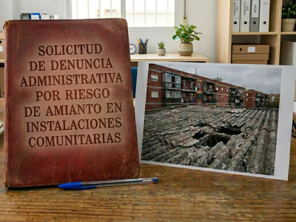 Documento de denuncia legal sobre una mesa junto a una fotografía de un tejado de uralita rota en una comunidad de vecinos, representando el proceso de denuncia por riesgo de amianto