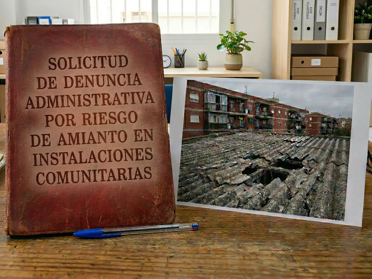 Documento de denuncia legal sobre una mesa junto a una fotografía de un tejado de uralita rota en una comunidad de vecinos, representando el proceso de denuncia por riesgo de amianto