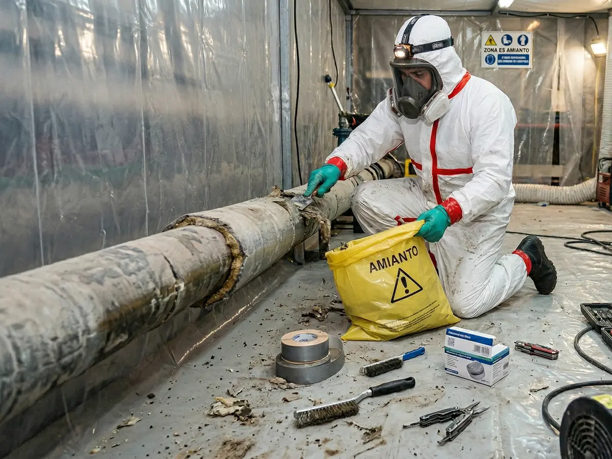 Operario de desamiantado equipado con un EPI completo para amianto compuesto por mono desechable tipo 5, guantes sellados y máscara de protección respiratoria con filtros P3