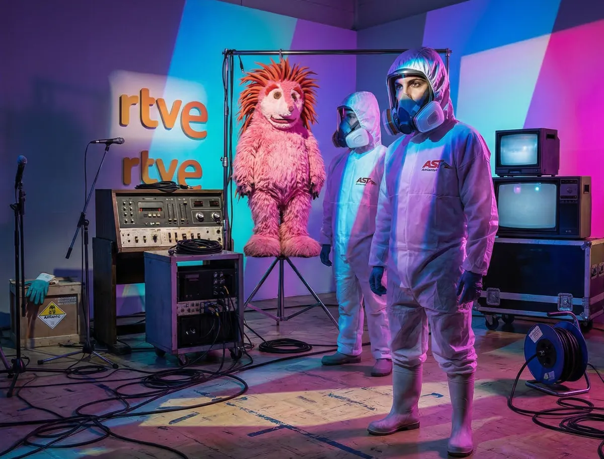 Operarios de AST Amianto realizando una inspección técnica en un antiguo plató de televisión famoso durante los años 80 porque era el lugar donde se rodaban las escenas con espinete