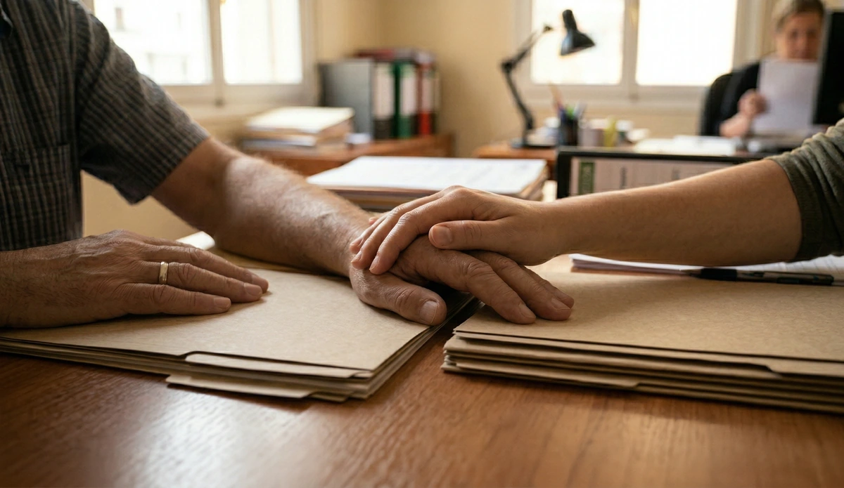 Manos de dos personas sosteniéndose mutuamente sobre unos documentos legales y médicos, representando el apoyo a las víctimas y familiares afectados por el amianto