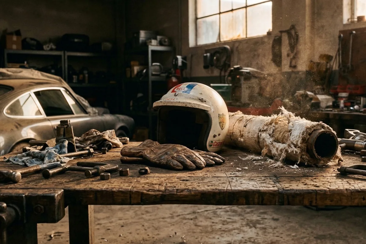 Bodegón de un casco de piloto clásico y guantes de cuero sobre un banco de trabajo de un taller de automovilismo, rodeados de una atmósfera densa con partículas de amianto en suspensión que ilustran el riesgo de exposición laboral y la causa de la muerte de Steve McQueen