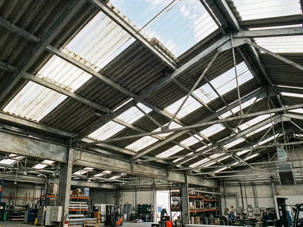 Vista inferior de un tejado de una nave industrial donde se alternan placas de fibrocemento grises con placas de uralita transparente (poliéster) para permitir la entrada de luz natural